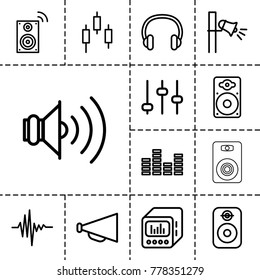 Volume icons. set of 13 editable outline volume icons such as megaphone, adjust, control panel, loudspeaker, music equalizer, loud speaker with equalizer, volume, equalizer