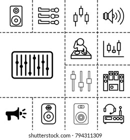 Volume icons. set of 13 editable outline volume icons such as megaphone, dj, panel control, control panel, loud speaker set, slider, loudspeaker, volume, speaker