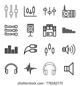 Volume icons. set of 16 editable outline volume icons such as equalizer, panel control, control panel, radio, megaphone, loud speaker set, music equalizer, earphones