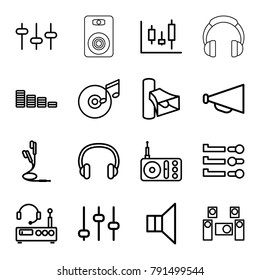 Volume icons. set of 16 editable outline volume icons such as equalizer, megaphone, adjust, panel control, radio, volume, earphones, slider, disc and music note, headset
