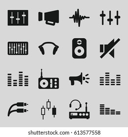 Volume icons set. set of 16 volume filled icons such as equalizer, radio, megaphone, no sound, sliders, slider, music equalizer, earphones, earphone wire, speaker