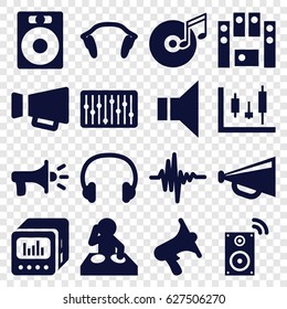 Volume icons set. set of 16 volume filled icons such as megaphone, volume, loud speaker set, slider, music equalizer, earphones, loud speaker with equalizer
