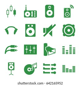 Volume icons set. set of 16 volume filled icons such as radio, volume, equalizer, no sound, speaker, sliders, earphones, earphone wire, loudspeaker, disc and music note