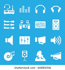 Volume icons set. set of 16 volume filled icons such as megaphone, sliders, loudspeaker, slider, earphones, disc and music note, volume, equalizer, audio system