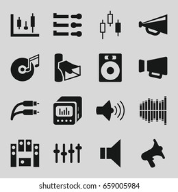 Volume icons set. set of 16 volume filled icons such as megaphone, volume, loud speaker set, equalizer, loud speaker with equalizer, earphone wire, disc and music note