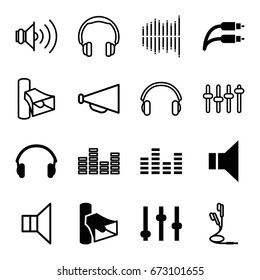 Volume icons set. set of 16 volume filled and outline icons such as volume, megaphone, earphones, earphone wire, equalizer, adjust