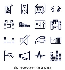 volume icons set. Set of 16 volume outline icons such as equalizer, no sound, loud speaker set, sliders, slider, music equalizer, megaphone, earphones