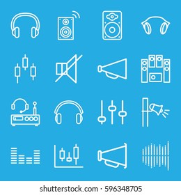 volume icons set. Set of 16 volume outline icons such as megaphone, no sound, loud speaker set, equalizer, loudspeaker, earphones, headset, music loudspeaker, listening device