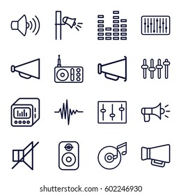 volume icons set. Set of 16 volume outline icons such as megaphone, radio, volume, equalizer, no sound, sliders, slider, music equalizer, loud speaker with equalizer