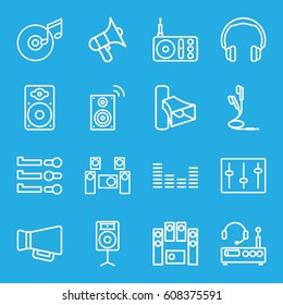 Volume icons set. set of 16 volume outline icons such as radio, volume, megaphone, loud speaker set, equalizer, sliders, loudspeaker, earphones, disc and music note