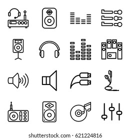Volume icons set. set of 16 volume outline icons such as radio, volume, equalizer, megaphone, loud speaker set, loudspeaker, earphones, earphone wire, disc and music note