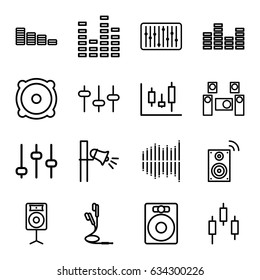Volume icons set. set of 16 volume outline icons such as equalizer, speaker, slider, megaphone, earphones, loudspeaker, audio system, music loudspeaker, adjust, panel control