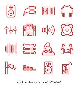 Volume icons set. set of 16 volume outline icons such as equalizer, speaker, loud speaker set, loudspeaker, slider, megaphone, earphone wire, volume, audio system