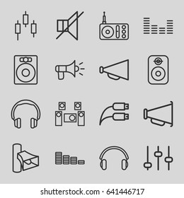 Volume icons set. set of 16 volume outline icons such as equalizer, megaphone, radio, volume, no sound, earphones, earphone wire, speaker, audio system, adjust, control panel