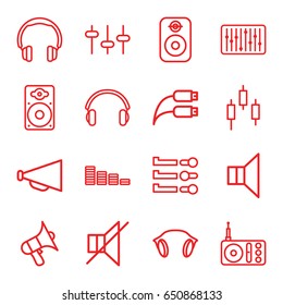 Volume icons set. set of 16 volume outline icons such as equalizer, megaphone, radio, volume, no sound, loudspeaker, slider, earphones, earphone wire, speaker, control panel