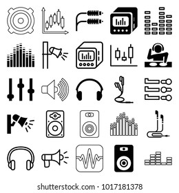 Volume icons. set of 25 editable filled and outline volume icons such as adjust, earphones, loud speaker with equalizer, panel control, equalizer, loudspeaker, megaphone