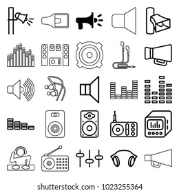 Volume icons. set of 25 editable outline volume icons such as megaphone, equalizer, radio, volume, loudspeaker, earphones, loud speaker with equalizer, speaker, dj