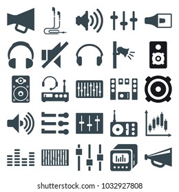 Volume icons. set of 25 editable filled volume icons such as megaphone, radio, equalizer, no sound, sliders, loudspeaker, slider, earphones, loud speaker with equalizer
