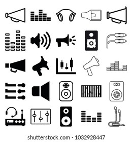 Volume icons. set of 25 editable filled and outline volume icons such as panel control, volume, equalizer, slider, loudspeaker, megaphone, listening device, sliders, earphones