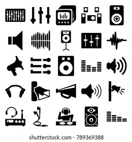 Volume icons. set of 25 editable filled volume icons such as equalizer, megaphone, adjust, speaker, volume, sliders, loudspeaker, slider, music equalizer, earphones