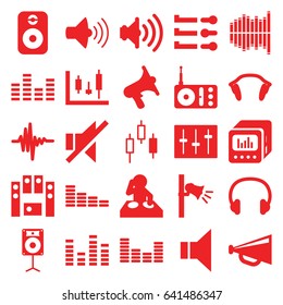Volume icons set. set of 25 volume filled icons such as equalizer, megaphone, radio, volume, no sound, loud speaker set, sliders, music equalizer, earphones