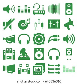 Volume icons set. set of 25 volume filled icons such as megaphone, volume, equalizer, no sound, speaker, loud speaker set, sliders, loud speaker with equalizer, earphone wire