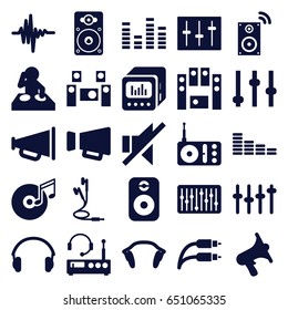 Volume icons set. set of 25 volume filled icons such as equalizer, radio, volume, megaphone, no sound, loud speaker set, sliders, loudspeaker, slider, music equalizer
