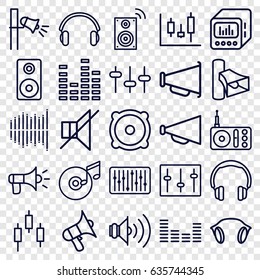 Volume icons set. set of 25 volume outline icons such as megaphone, radio, volume, equalizer, no sound, speaker, sliders, slider, earphones, loud speaker with equalizer