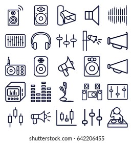 Volume icons set. set of 25 volume outline icons such as megaphone, radio, volume, equalizer, sliders, loudspeaker, slider, earphones, loud speaker with equalizer, headset