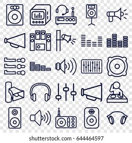 Volume icons set. set of 25 volume outline icons such as equalizer, megaphone, radio, volume, speaker, loud speaker set, slider, earphones, loud speaker with equalizer