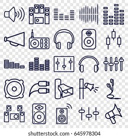 Volume icons set. set of 25 volume outline icons such as equalizer, megaphone, radio, volume, speaker, loud speaker set, sliders, loudspeaker, earphones, earphone wire