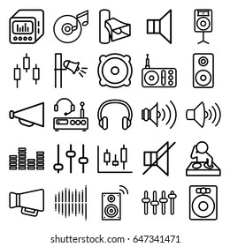 Volume icons set. set of 25 volume outline icons such as megaphone, radio, volume, no sound, speaker, equalizer, loud speaker with equalizer, loudspeaker, disc and music note
