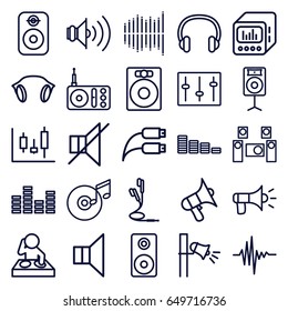 Volume icons set. set of 25 volume outline icons such as equalizer, radio, volume, megaphone, no sound, sliders, music equalizer, earphones, loud speaker with equalizer