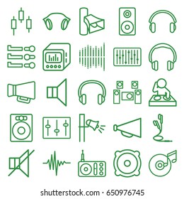 Volume icons set. set of 25 volume outline icons such as megaphone, radio, volume, no sound, speaker, sliders, slider, music equalizer, equalizer, earphones