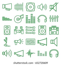 Volume icons set. set of 25 volume outline icons such as equalizer, megaphone, volume, no sound, speaker, loud speaker set, loudspeaker, slider, music equalizer, earphones