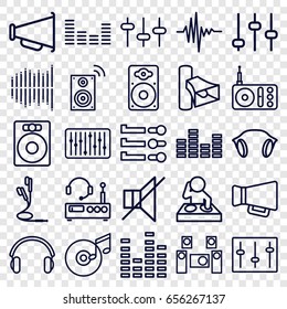 Volume icons set. set of 25 volume outline icons such as radio, volume, equalizer, megaphone, no sound, sliders, loudspeaker, slider, music equalizer, earphones