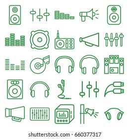 Volume icons set. set of 25 volume outline icons such as equalizer, megaphone, radio, speaker, loud speaker set, slider, earphones, loud speaker with equalizer, earphone wire