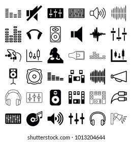 Volume icons. set of 36 editable filled and outline volume icons such as equalizer, dj, panel control, megaphone, no sound, slider, music equalizer, earphones, loudspeaker