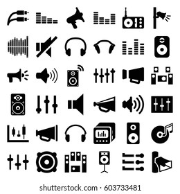 Volume icons set. set of 36 volume filled icons such as equalizer, megaphone, radio, volume, no sound, speaker, loud speaker set, sliders, loudspeaker, earphones