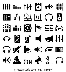 Volume icons set. set of 36 volume filled icons such as equalizer, radio, volume, megaphone, no sound, speaker, loud speaker set, sliders, loudspeaker, slider, earphones