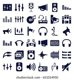 Volume icons set. set of 36 volume filled icons such as equalizer, radio, volume, megaphone, no sound, loud speaker set, sliders, slider, music equalizer, earphones