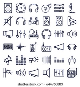 Volume icons set. set of 36 volume outline icons such as megaphone, radio, volume, equalizer, no sound, speaker, sliders, loudspeaker, slider, music equalizer, earphones