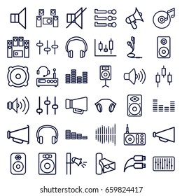 Volume icons set. set of 36 volume outline icons such as equalizer, megaphone, radio, volume, no sound, speaker, loud speaker set, loudspeaker, slider, earphones