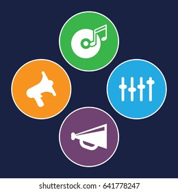 Volume icons set. set of 4 volume filled icons such as megaphone, volume, disc and music note