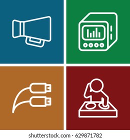 Volume icons set. set of 4 volume outline icons such as megaphone, loud speaker with equalizer, earphone wire