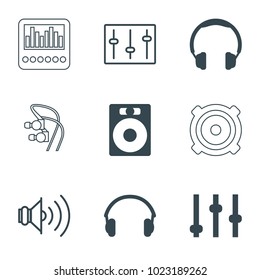 Volume icons. set of 9 editable filled and outline volume icons such as adjust, speaker, headphones, earphones, sliders, volume