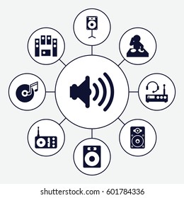 volume icons set. Set of 9 volume filled icons such as radio, loud speaker set, loudspeaker, disc and music note, volume, listening device, speaker