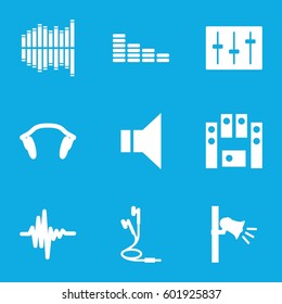 volume icons set. Set of 9 volume filled icons such as equalizer, megaphone, loud speaker set, sliders, music equalizer