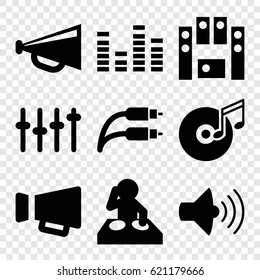 Volume icons set. set of 9 volume filled icons such as megaphone, volume, equalizer, loud speaker set, earphone wire, disc and music note