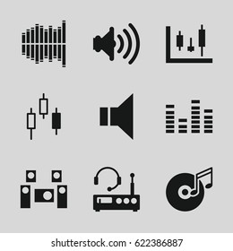 Volume icons set. set of 9 volume filled icons such as equalizer, megaphone, disc and music note, volume, audio system, listening device, panel control